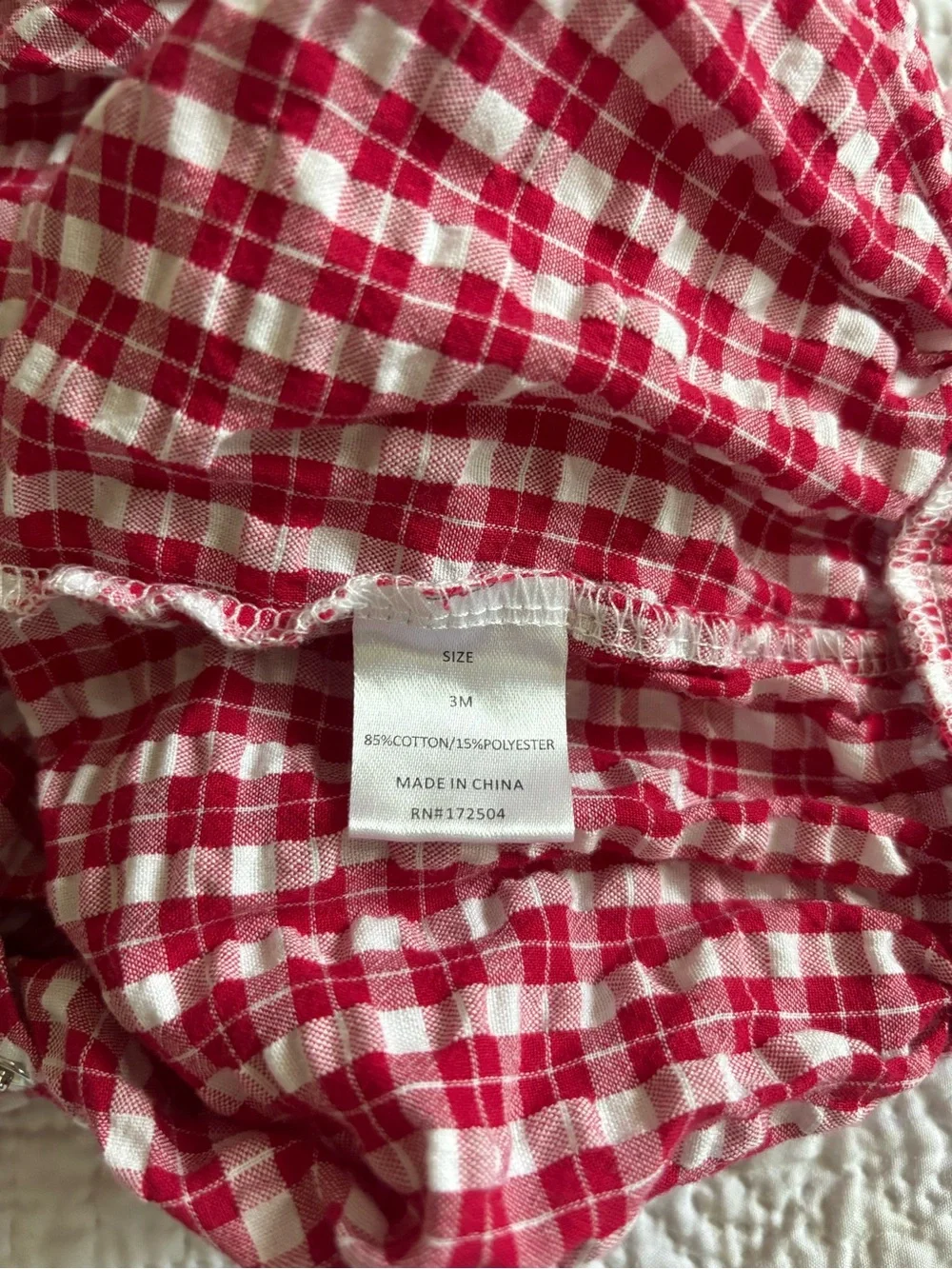 Stitchy Fish Red Gingham Baby One-Piece with White Collar